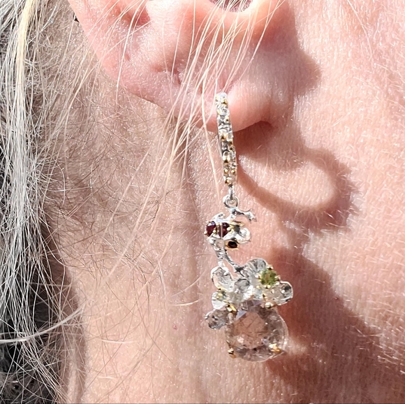 Stunning Rutilated Quartz Peridot Ruby& Sapphire Floral chandelier earrings - Picture 7 of 13